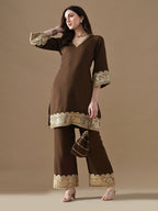 The Mocha Gold Embroidered Co-ord Set with Potli