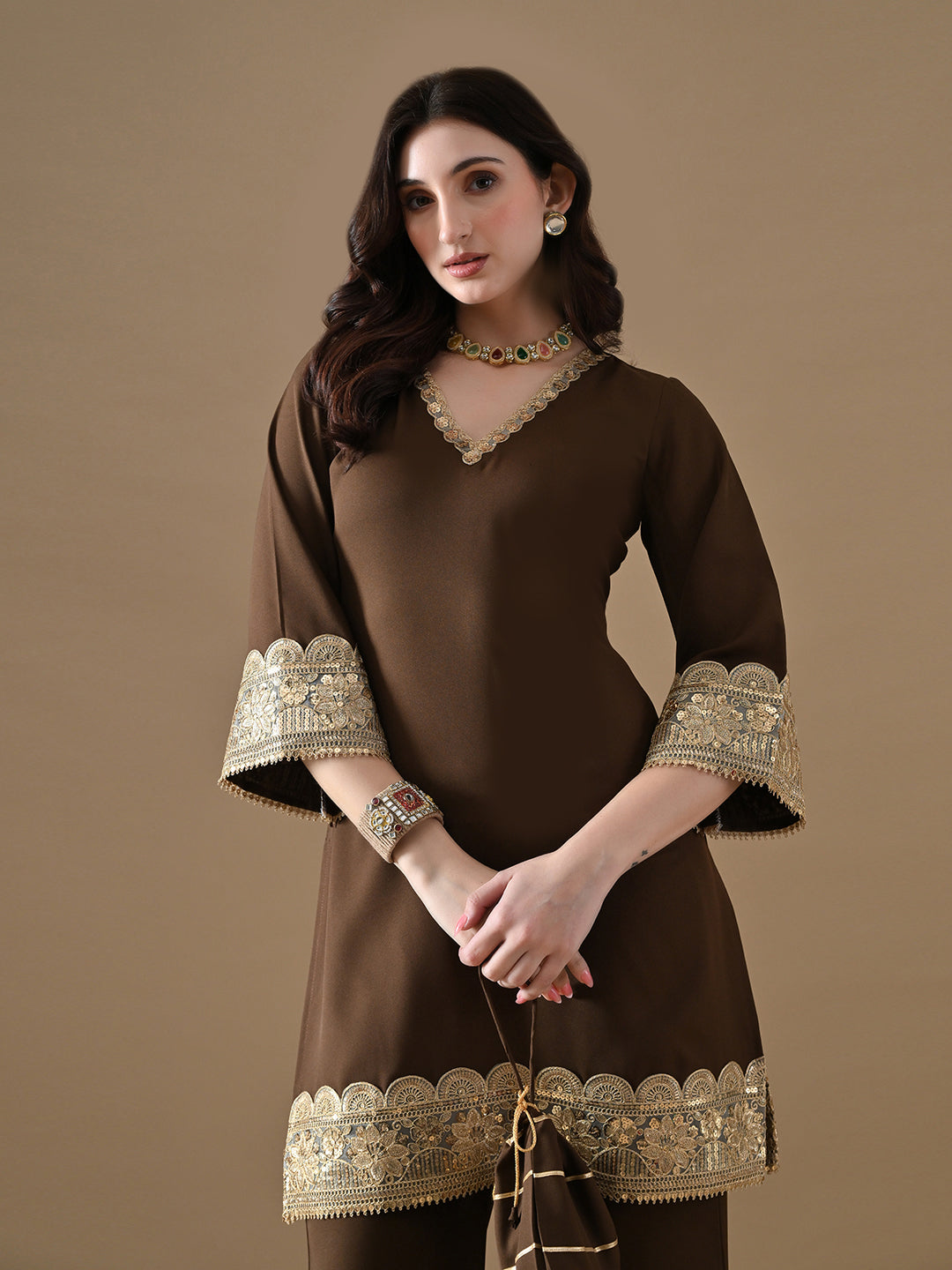 The Mocha Gold Embroidered Co-ord Set with Potli