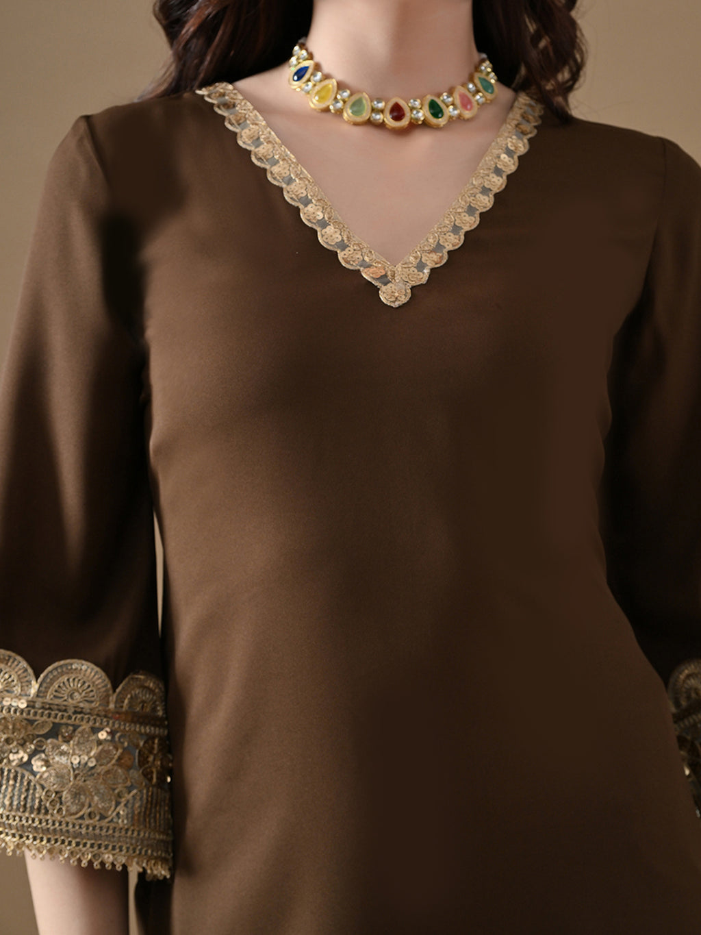 The Mocha Gold Embroidered Co-ord Set with Potli