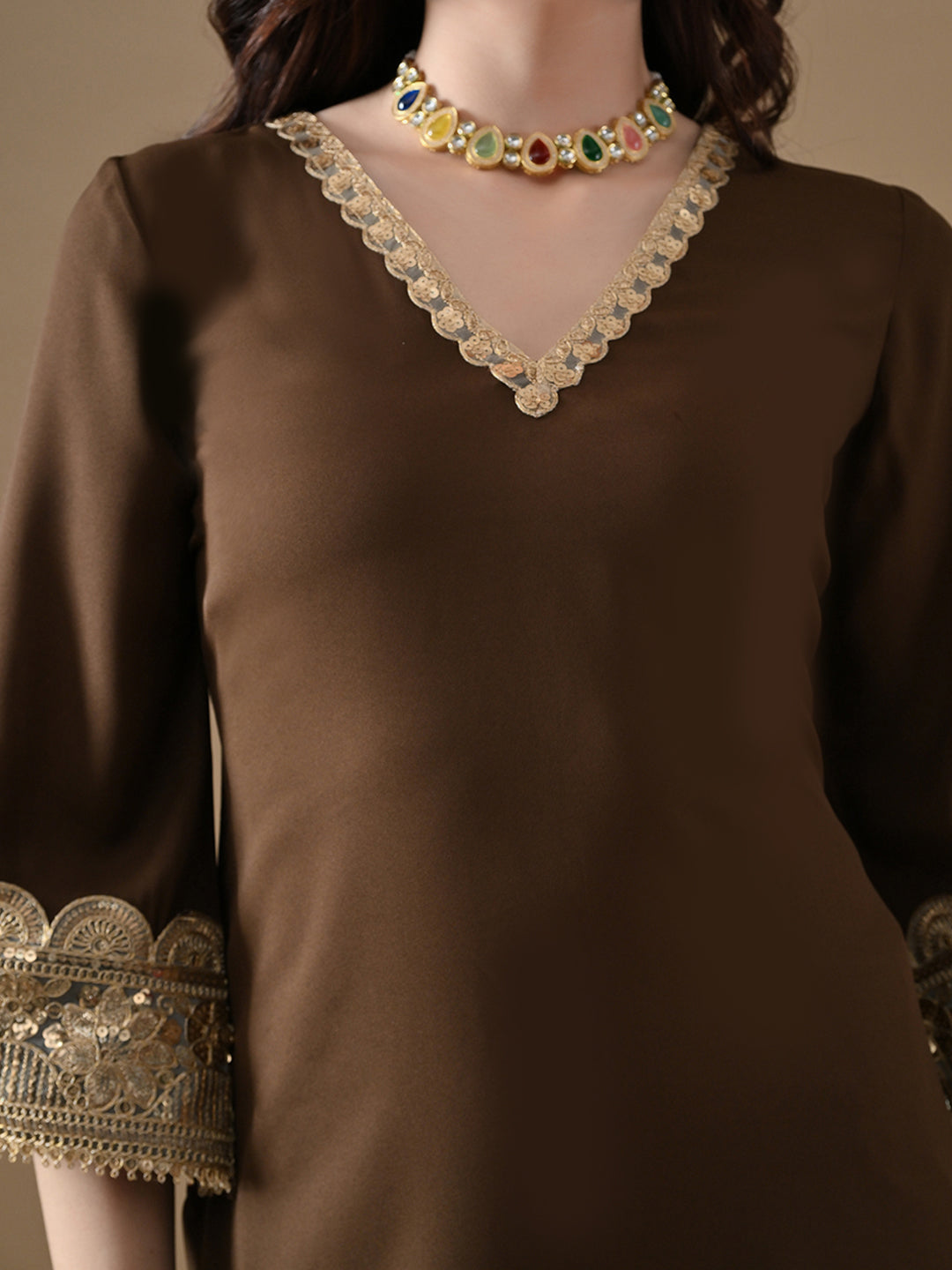 The Mocha Gold Embroidered Co-ord Set with Potli