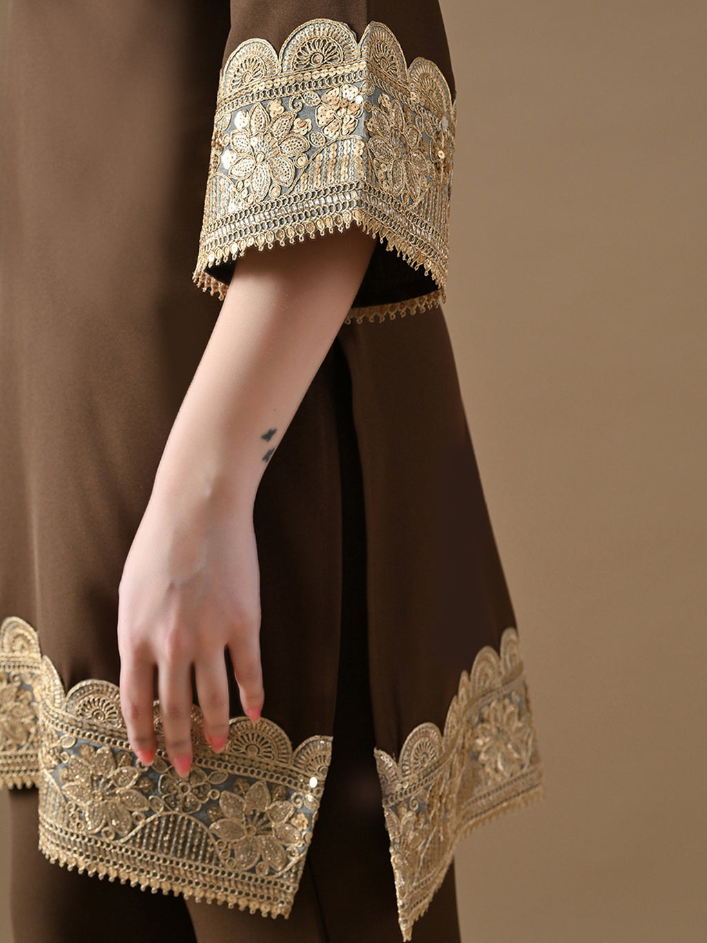 The Mocha Gold Embroidered Co-ord Set with Potli