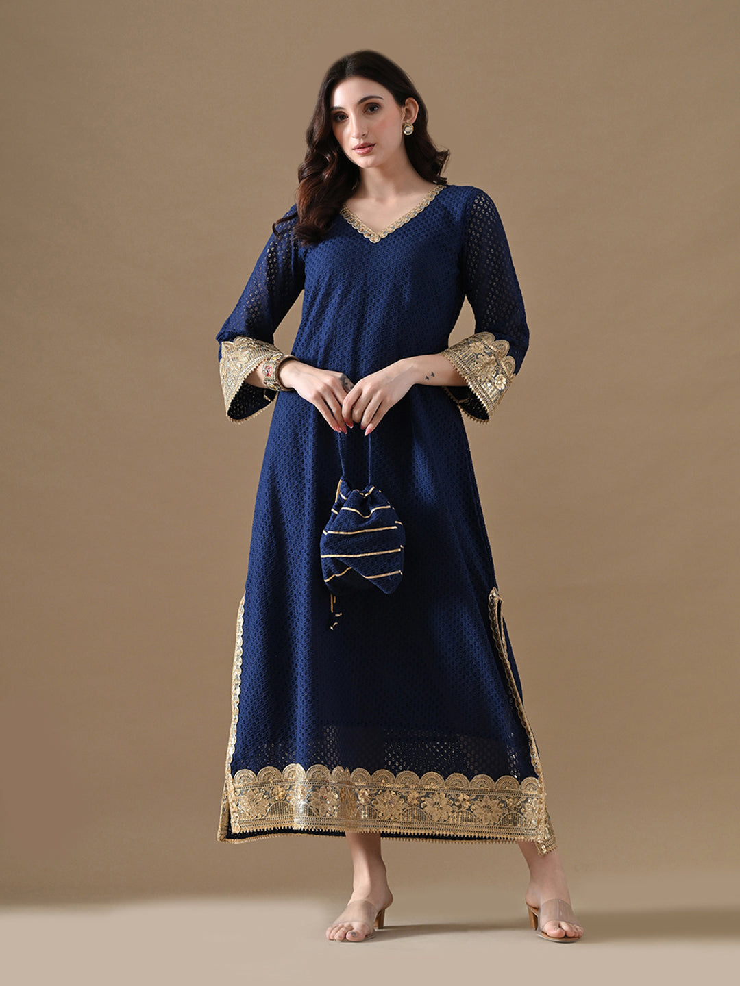 Royal Blue Embroidered Anarkali with Potli