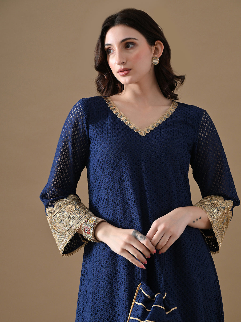 Royal Blue Embroidered Anarkali with Potli