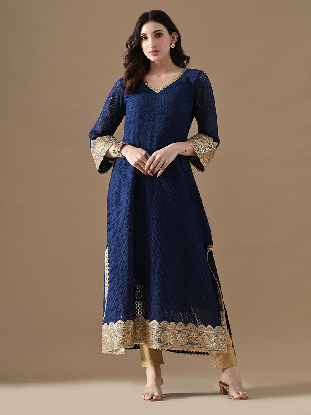 Royal Blue Embroidered Anarkali with Potli