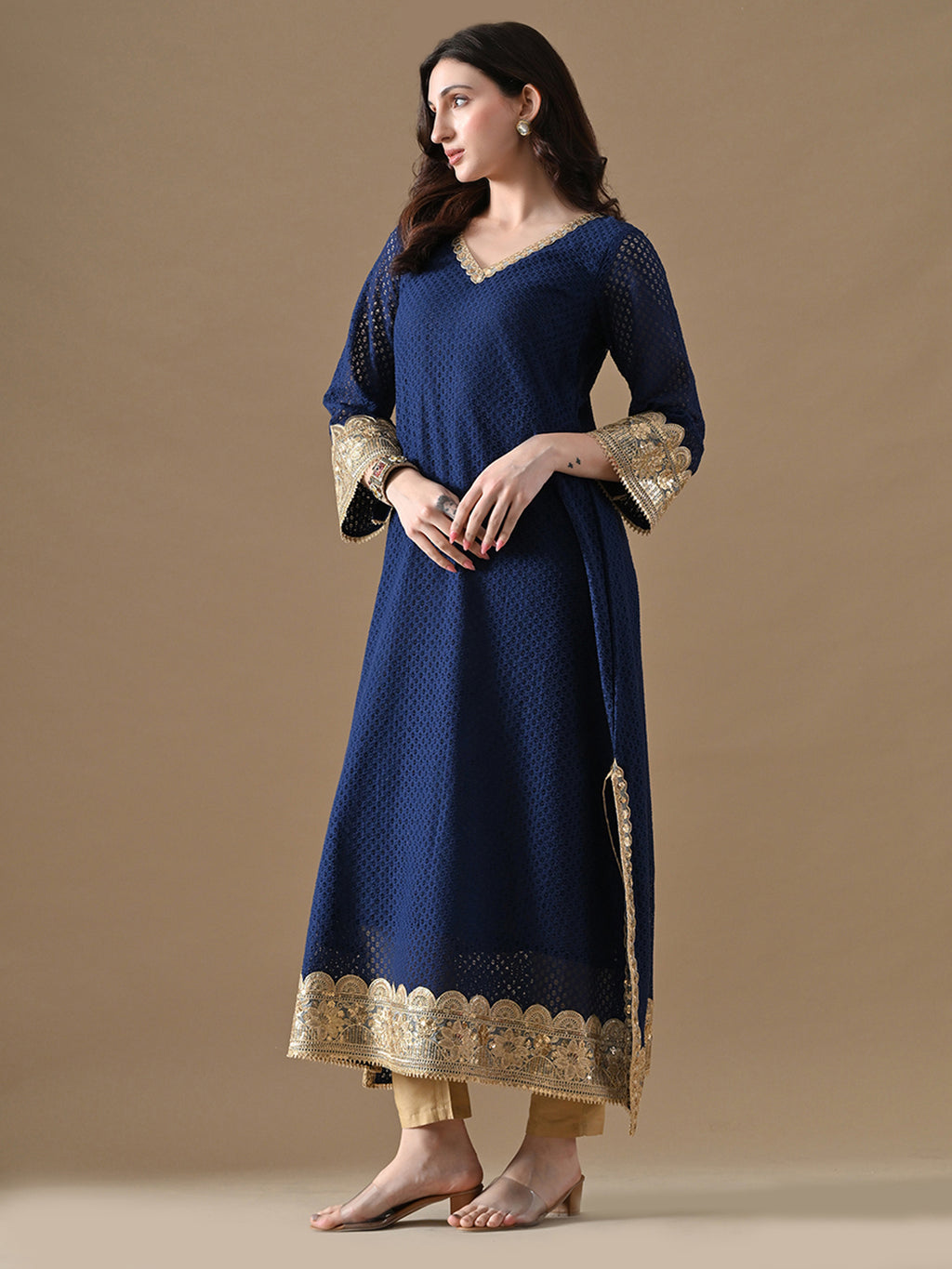 Royal Blue Embroidered Anarkali with Potli