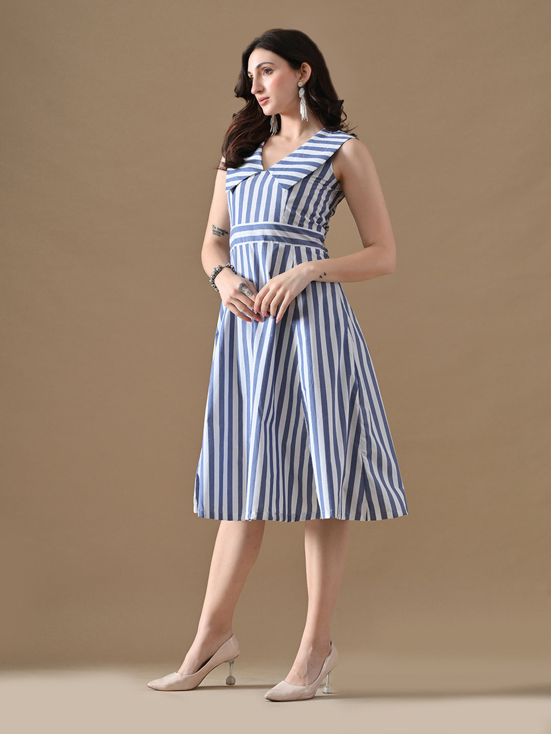 Blue & White Striped Flare Dress