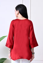 Red Satin V-Neck Tunic Top