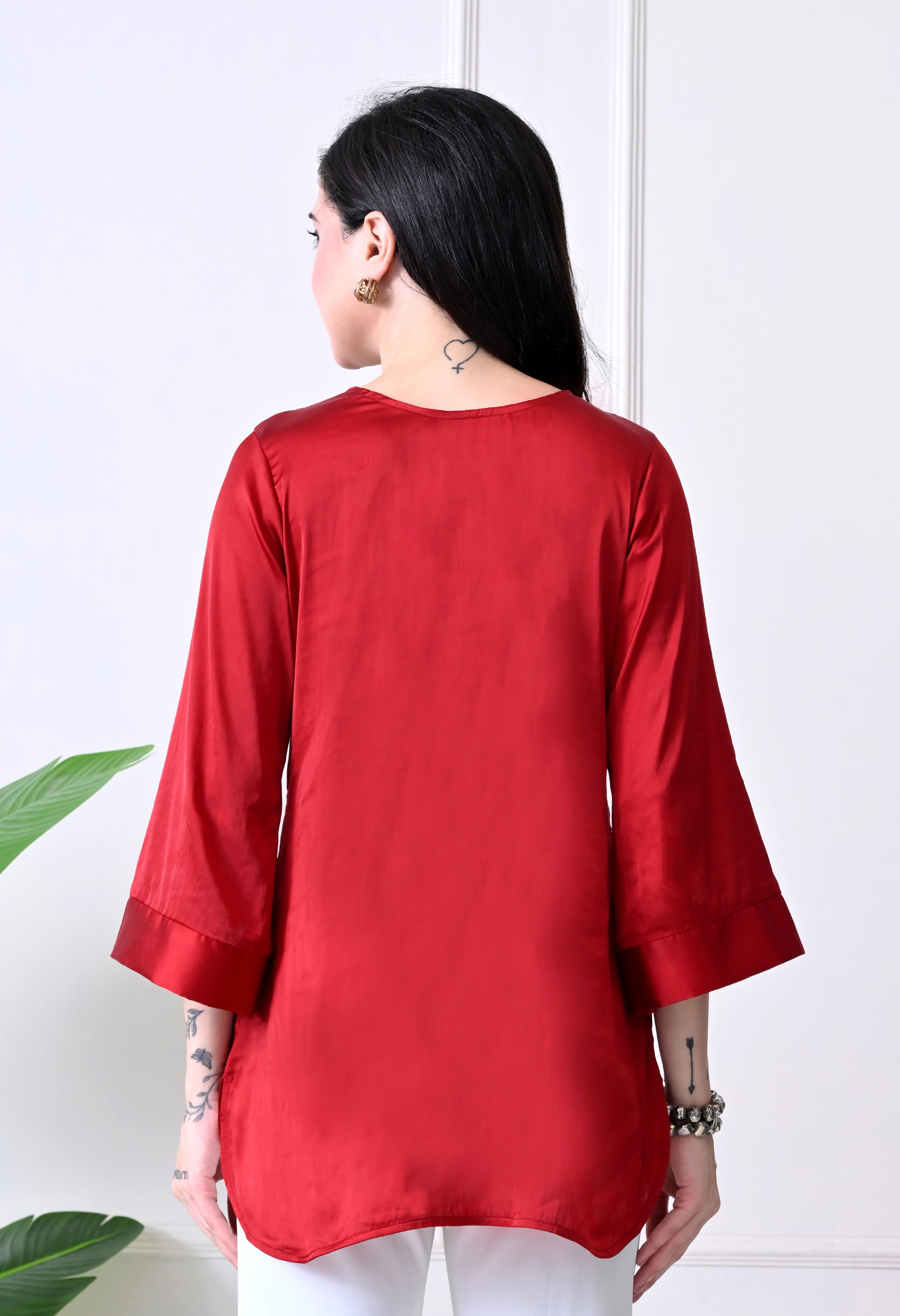Red Satin V-Neck Tunic Top