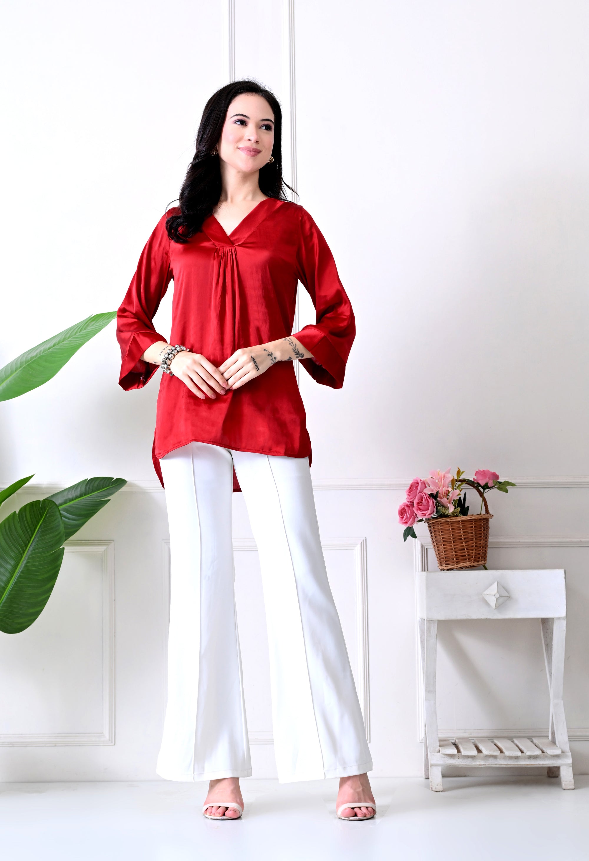 Red Satin V-Neck Tunic Top