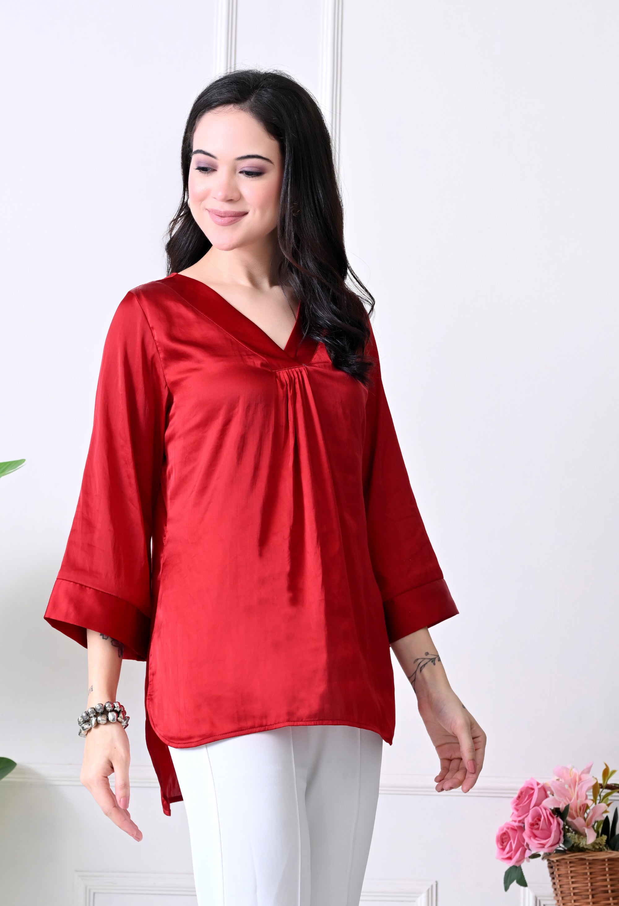 Red Satin V-Neck Tunic Top
