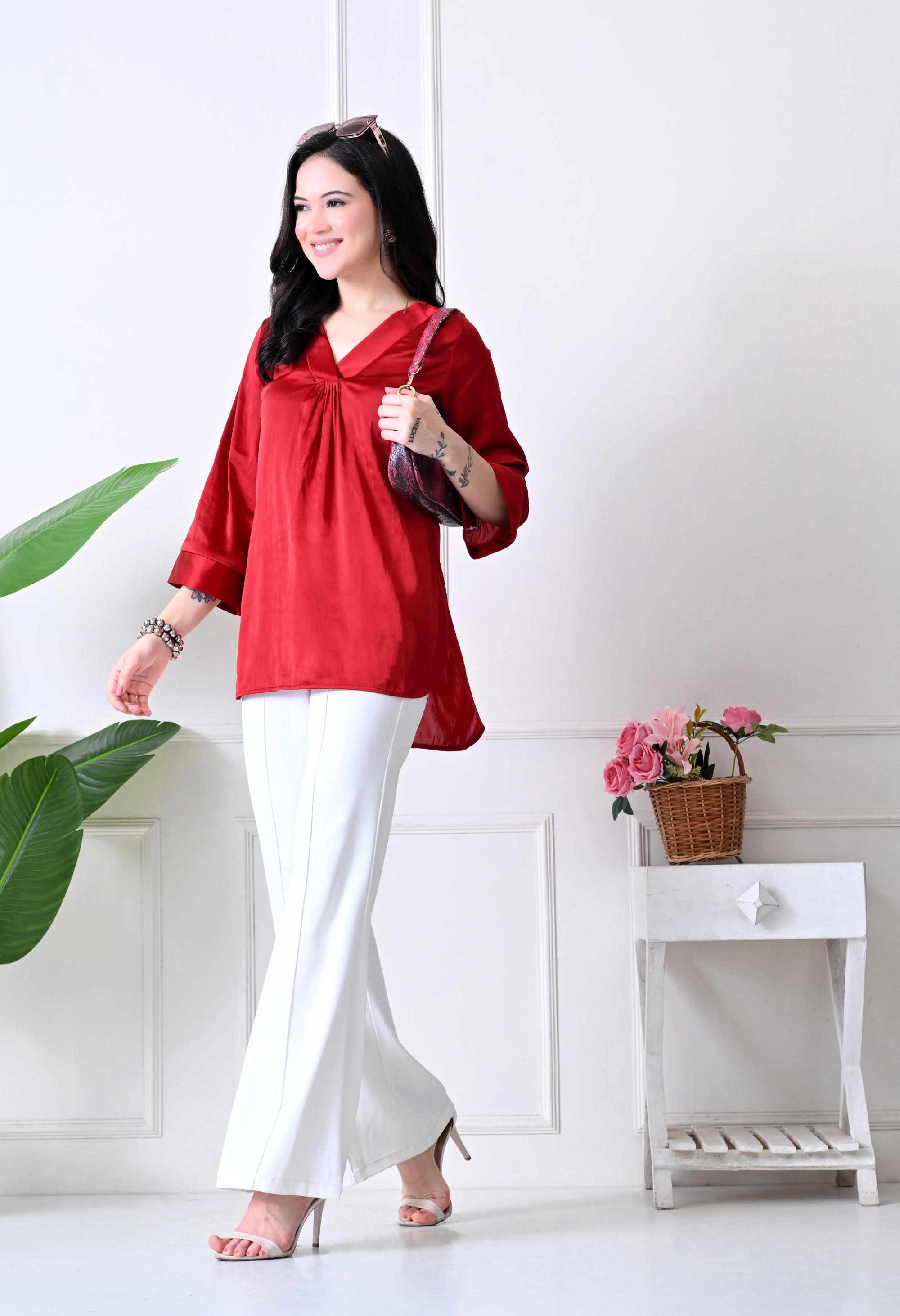 Red Satin V-Neck Tunic Top