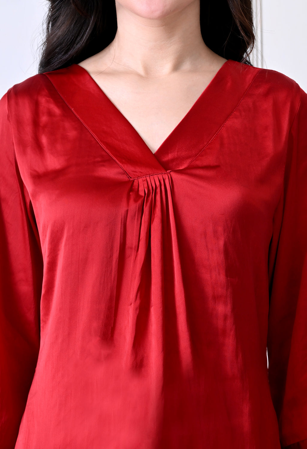 Red Satin V-Neck Tunic Top