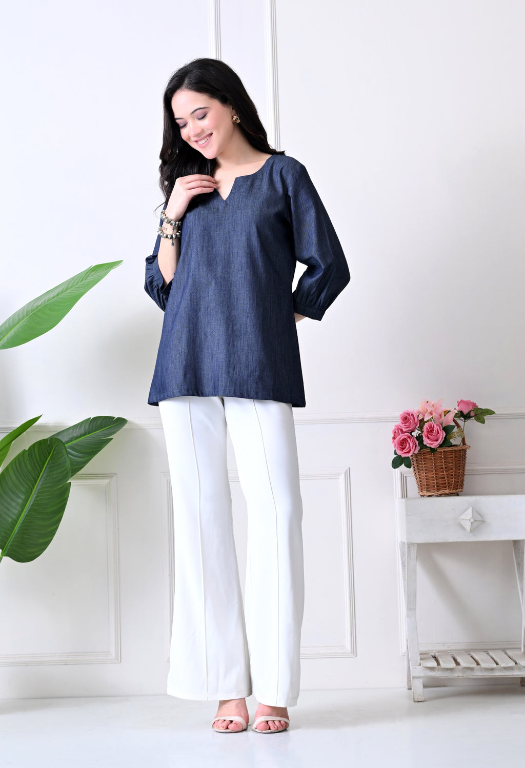 Denim V-Neck Tunic Top