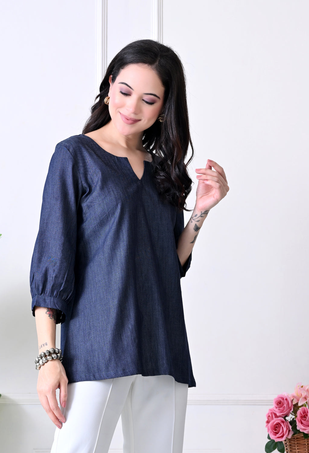 Denim V-Neck Tunic Top