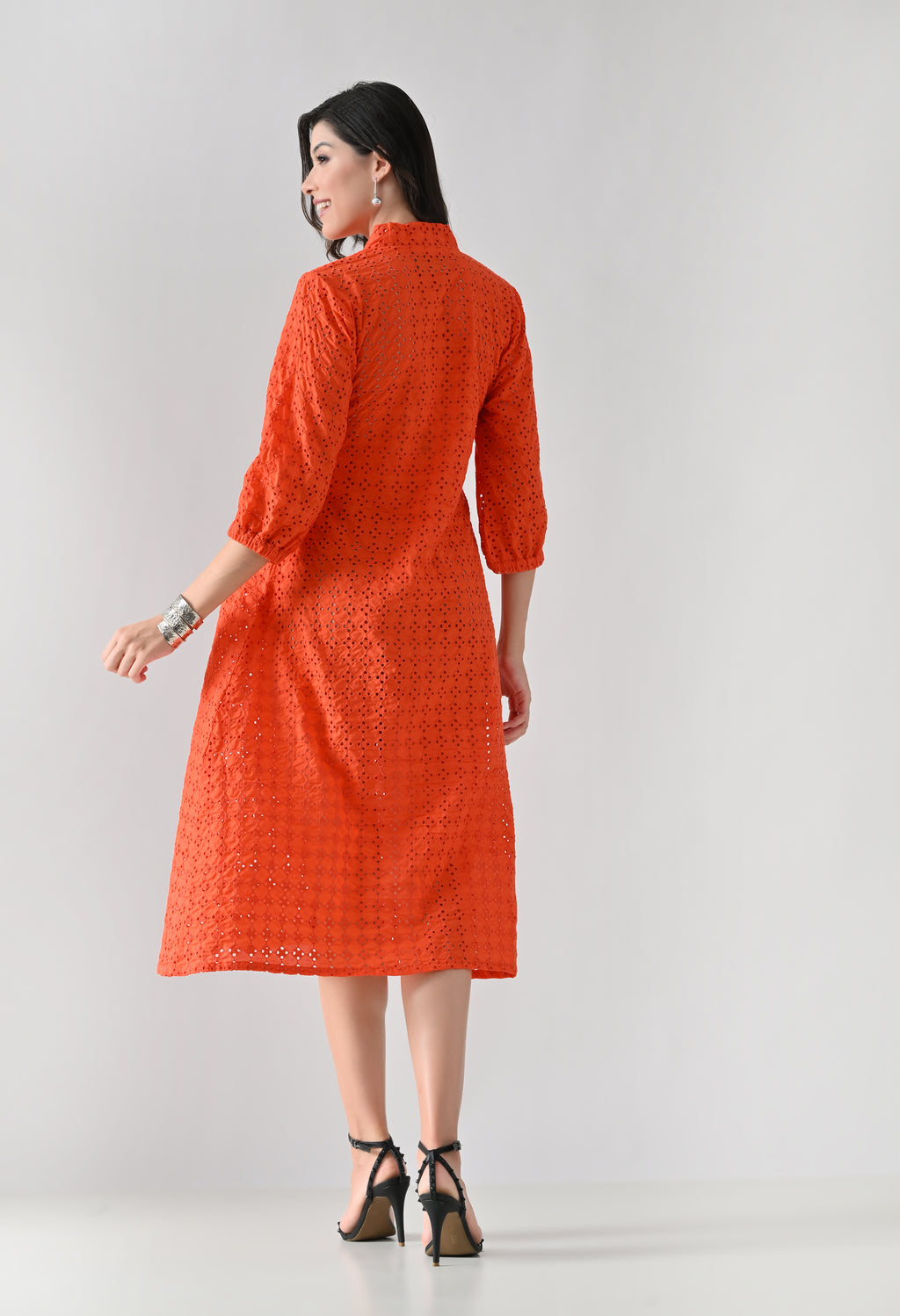 Vibrant Orange Hakoba Cotton Midi Dress