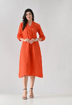 Vibrant Orange Hakoba Cotton Midi Dress