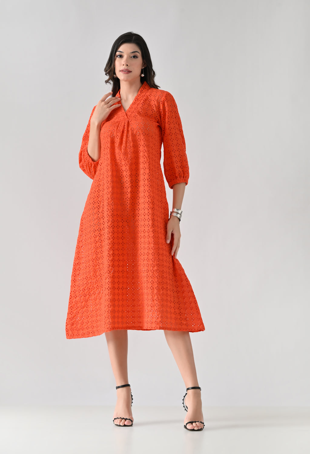 Vibrant Orange Hakoba Cotton Midi Dress