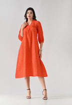 Vibrant Orange Hakoba Cotton Midi Dress