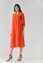 Vibrant Orange Hakoba Cotton Midi Dress