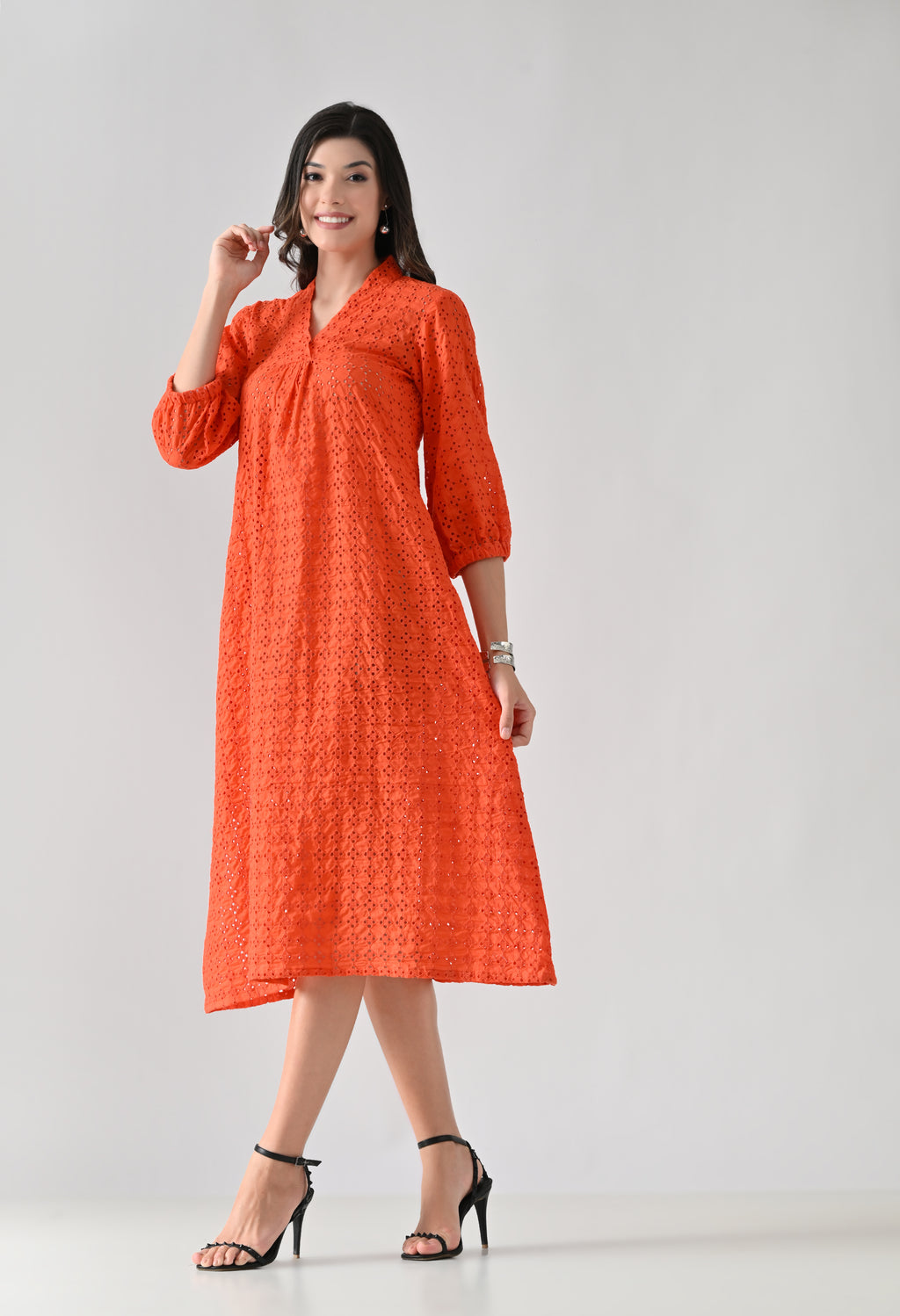 Vibrant Orange Hakoba Cotton Midi Dress