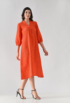Vibrant Orange Hakoba Cotton Midi Dress