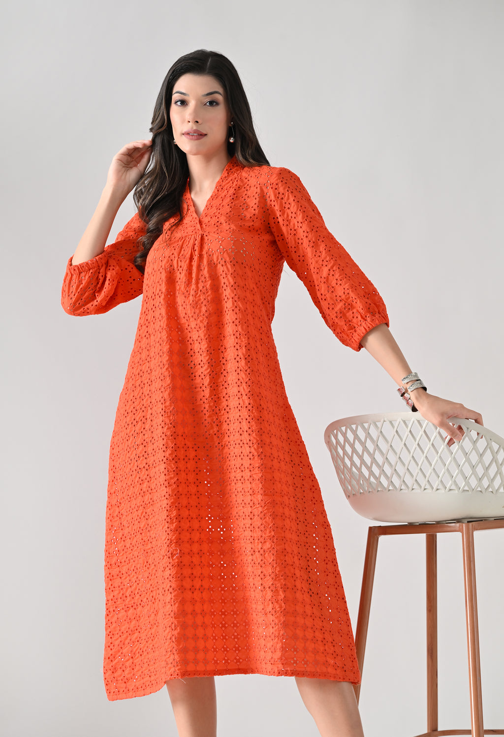 Vibrant Orange Hakoba Cotton Midi Dress
