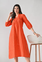 Vibrant Orange Hakoba Cotton Midi Dress