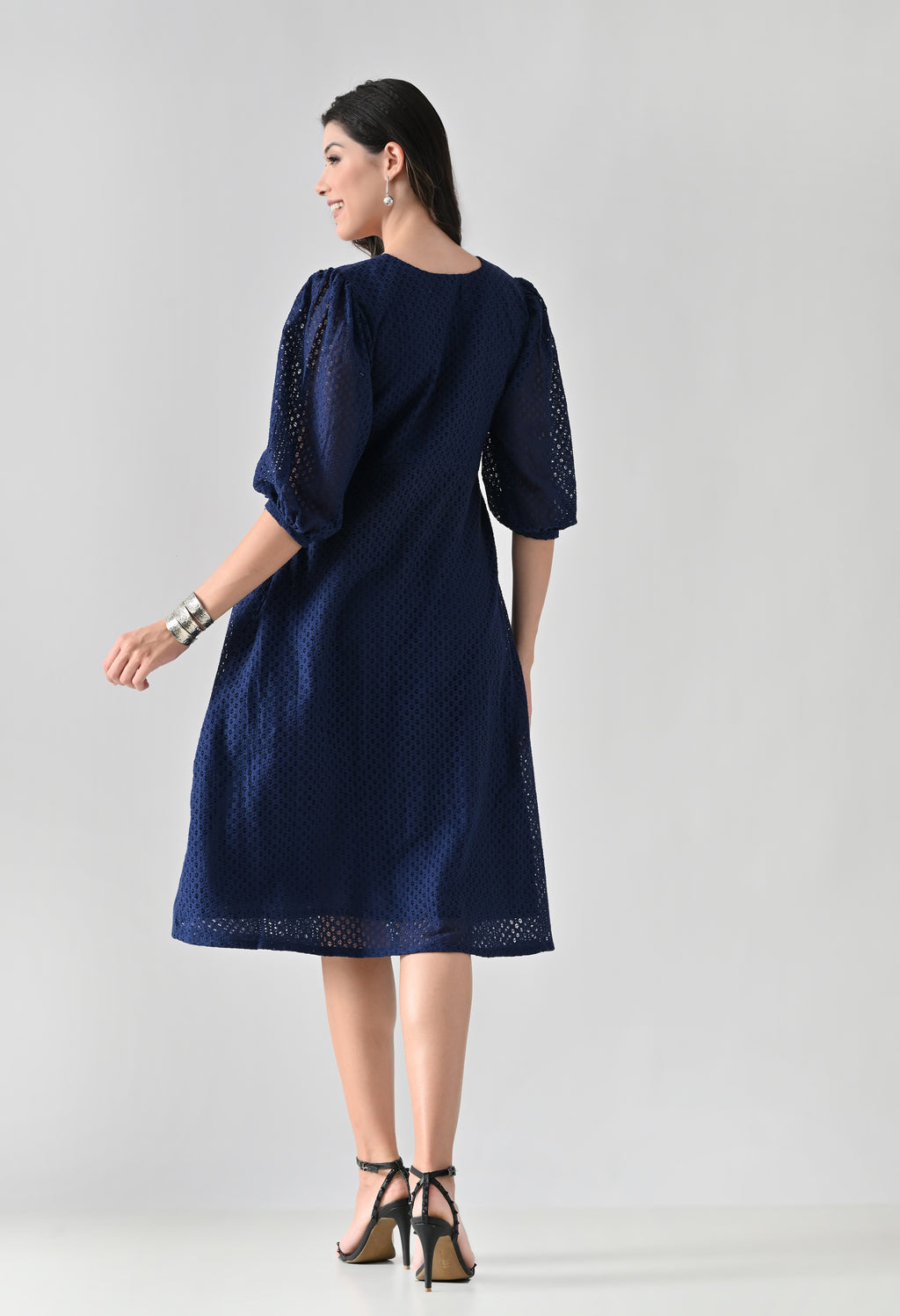 Elegant Navy Blue Cotton Midi Dress