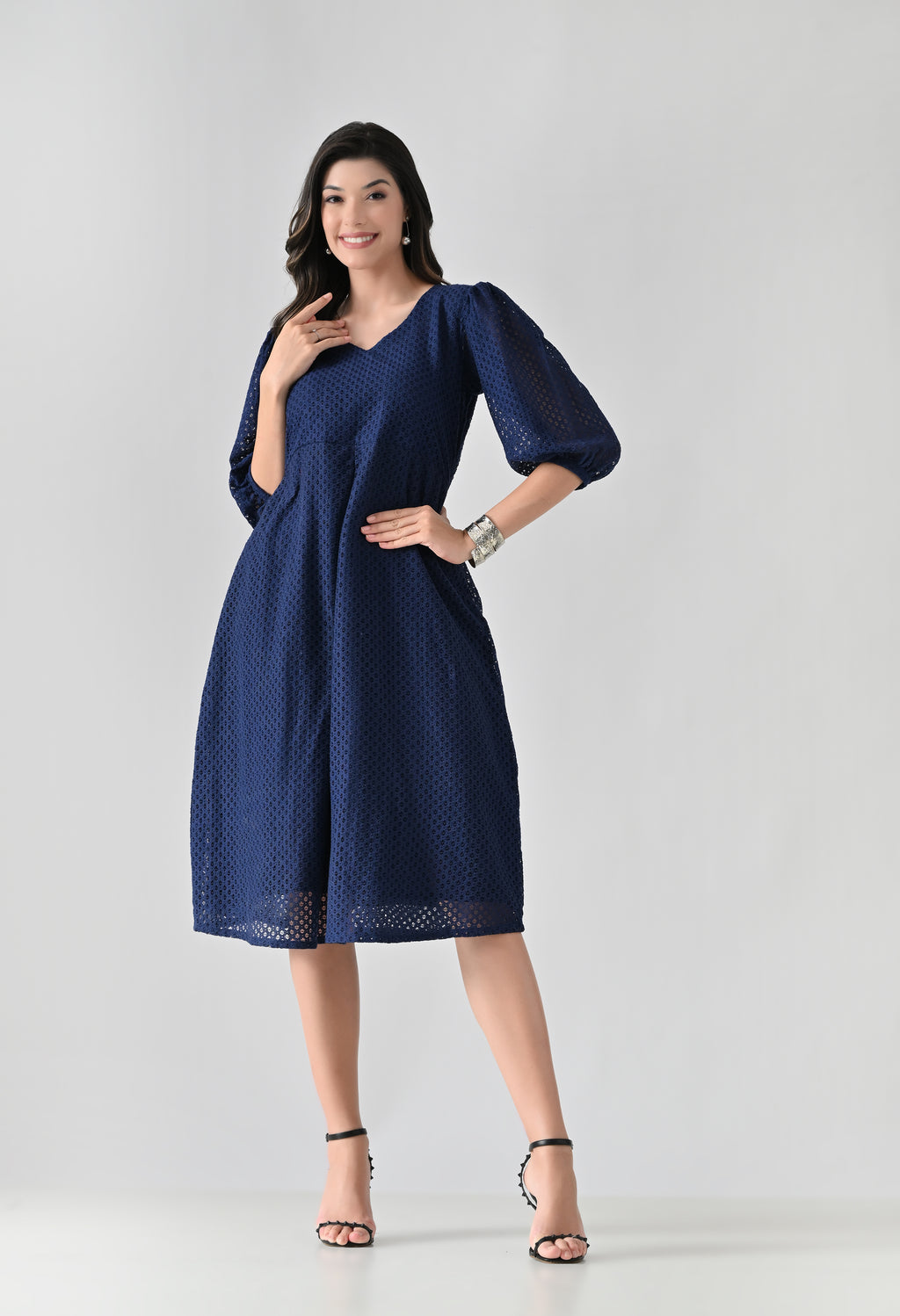 Elegant Navy Blue Cotton Midi Dress