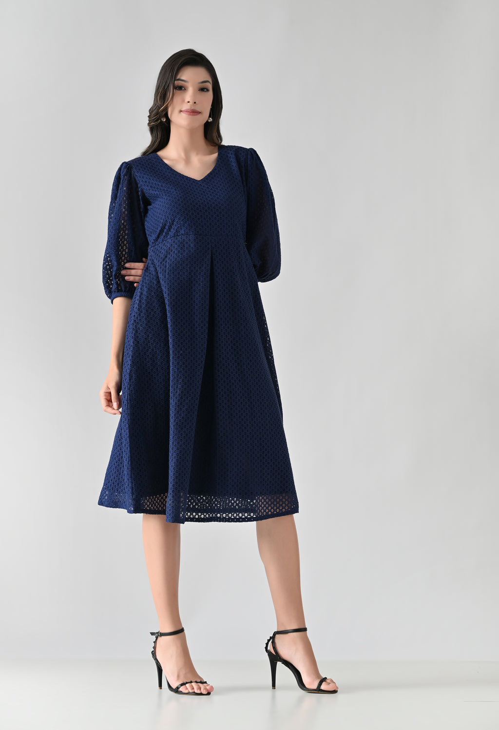 Elegant Navy Blue Cotton Midi Dress