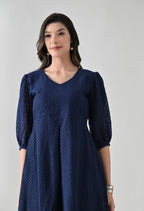 Elegant Navy Blue Cotton Midi Dress