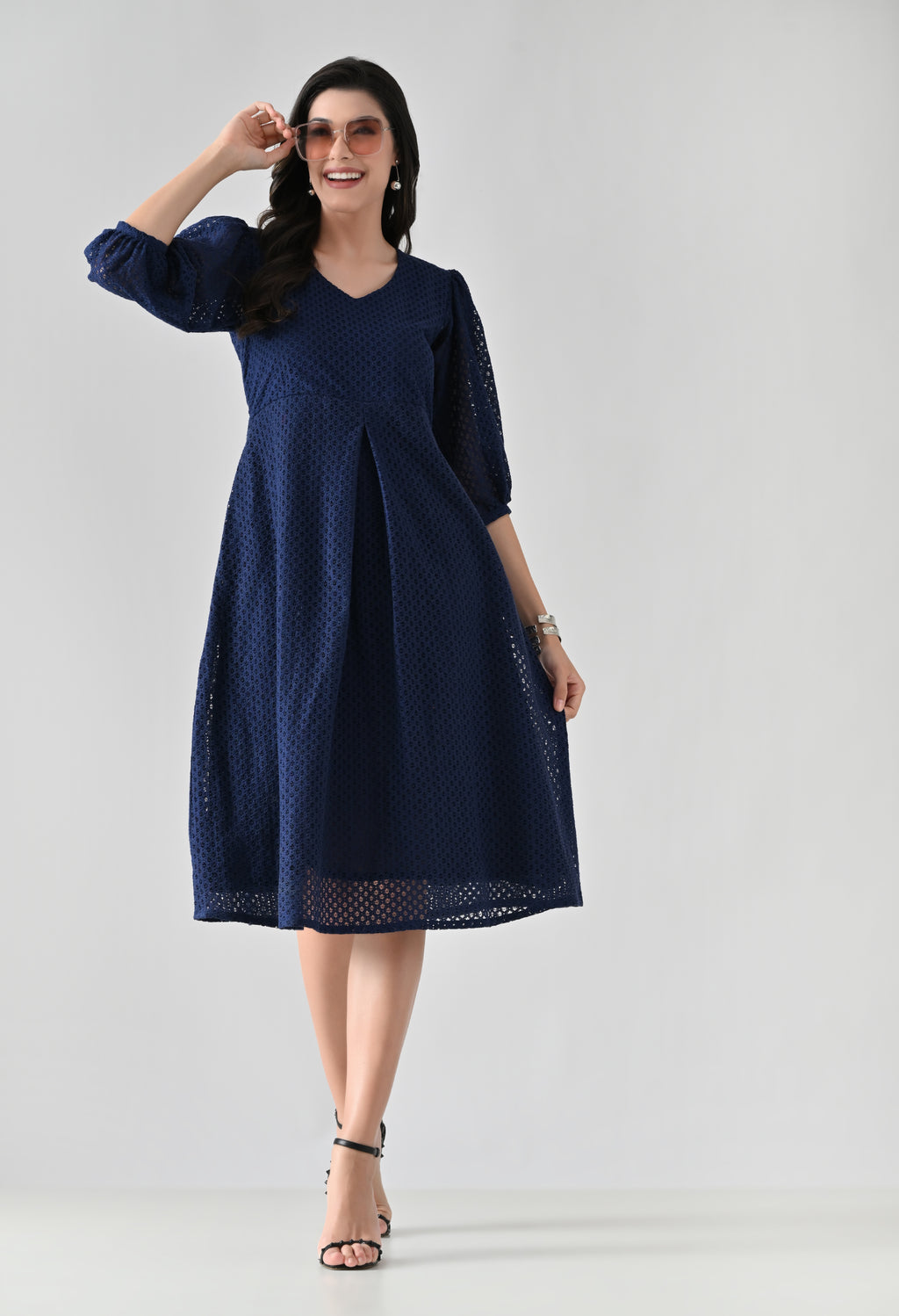 Elegant Navy Blue Cotton Midi Dress