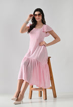 Pink Hakoba Cotton Tiered Midi Dress
