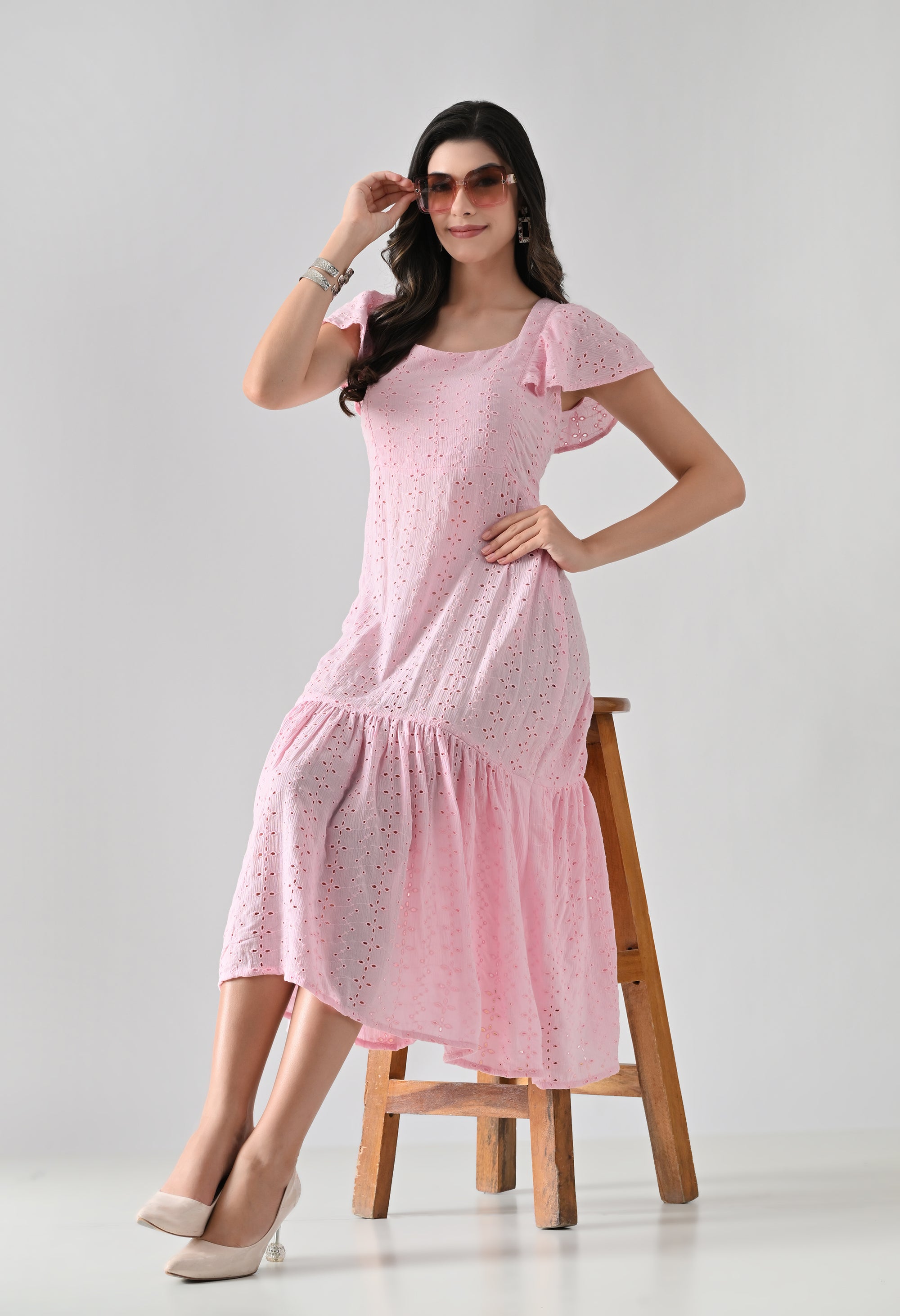 Pink Hakoba Cotton Tiered Midi Dress
