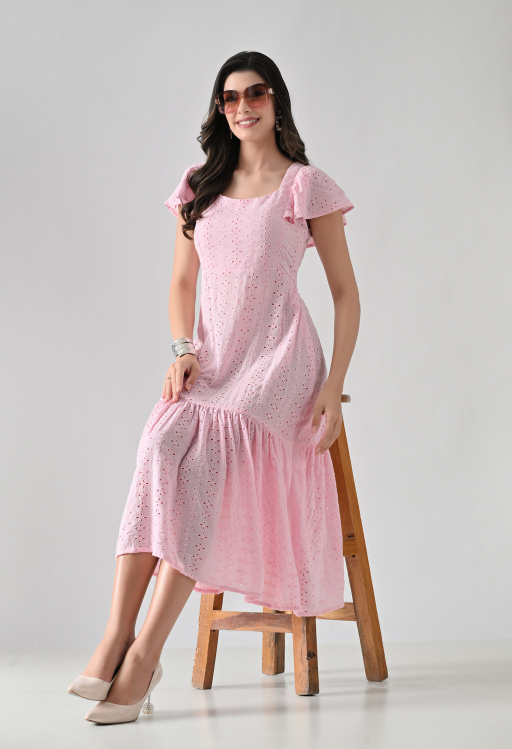 Pink Hakoba Cotton Tiered Midi Dress