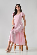Pink Hakoba Cotton Tiered Midi Dress