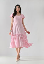 Pink Hakoba Cotton Tiered Midi Dress