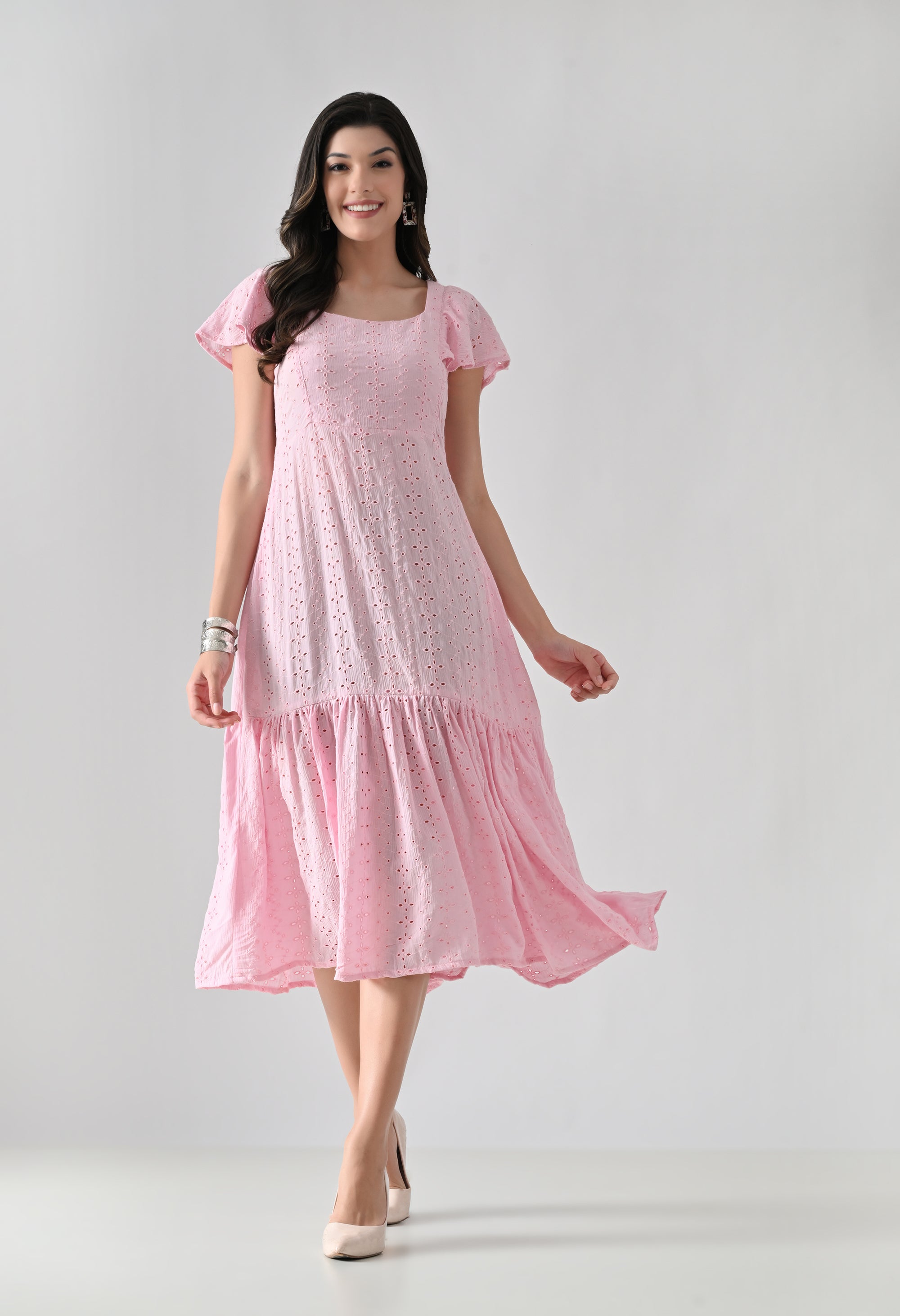 Pink Hakoba Cotton Tiered Midi Dress