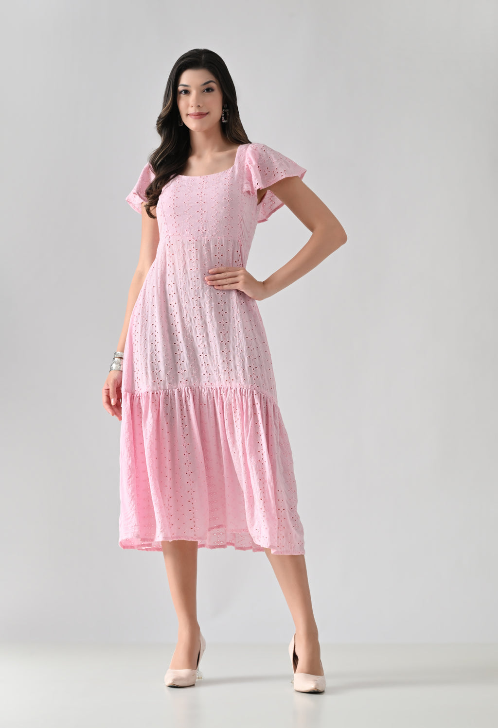 Pink Hakoba Cotton Tiered Midi Dress