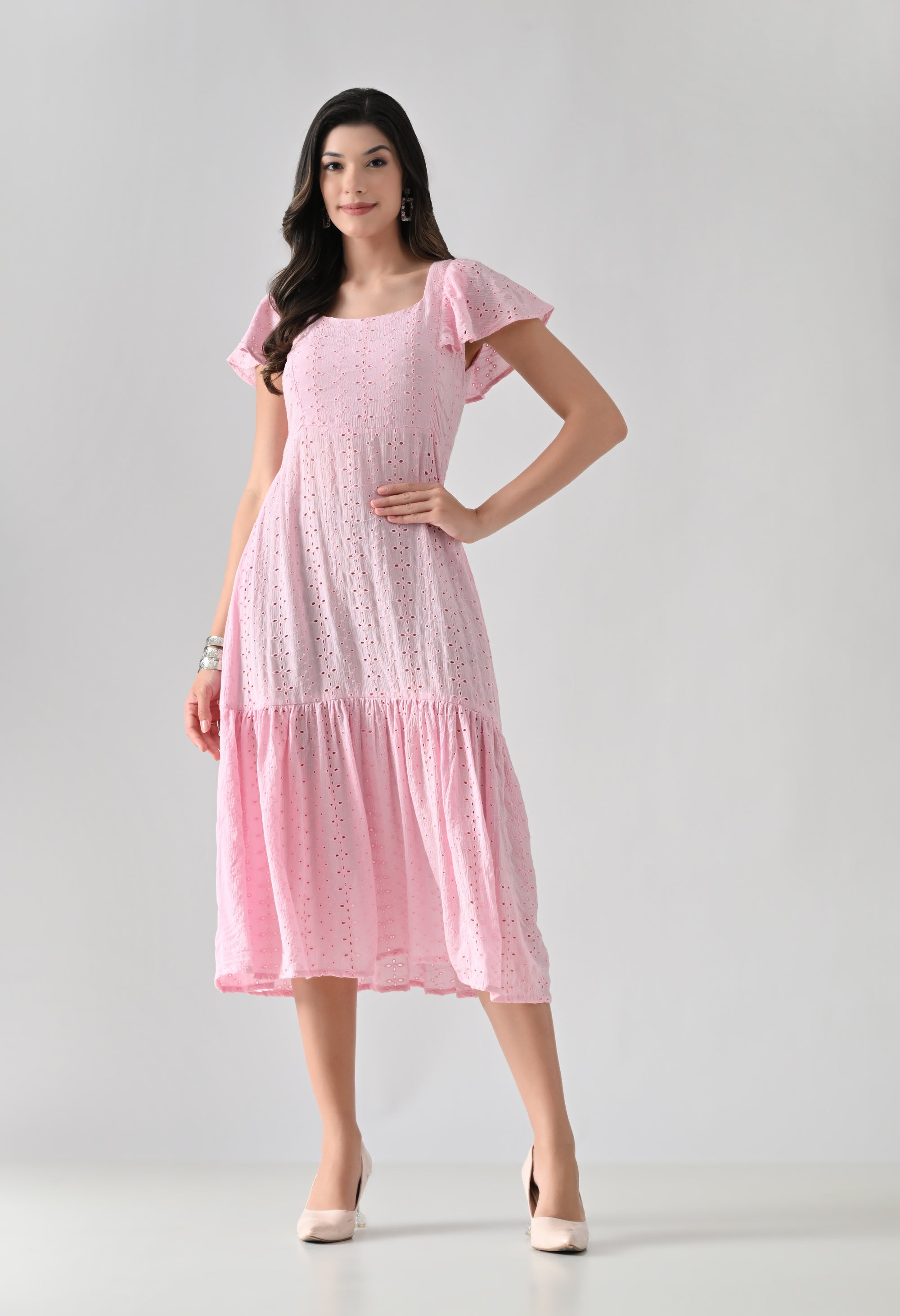 Pink Hakoba Cotton Tiered Midi Dress