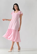 Pink Hakoba Cotton Tiered Midi Dress