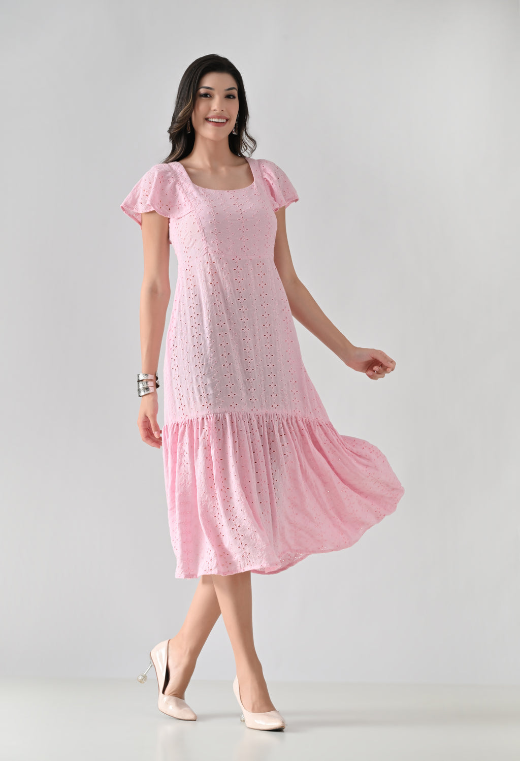 Pink Hakoba Cotton Tiered Midi Dress