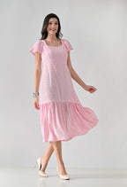 Pink Hakoba Cotton Tiered Midi Dress