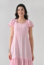 Pink Hakoba Cotton Tiered Midi Dress