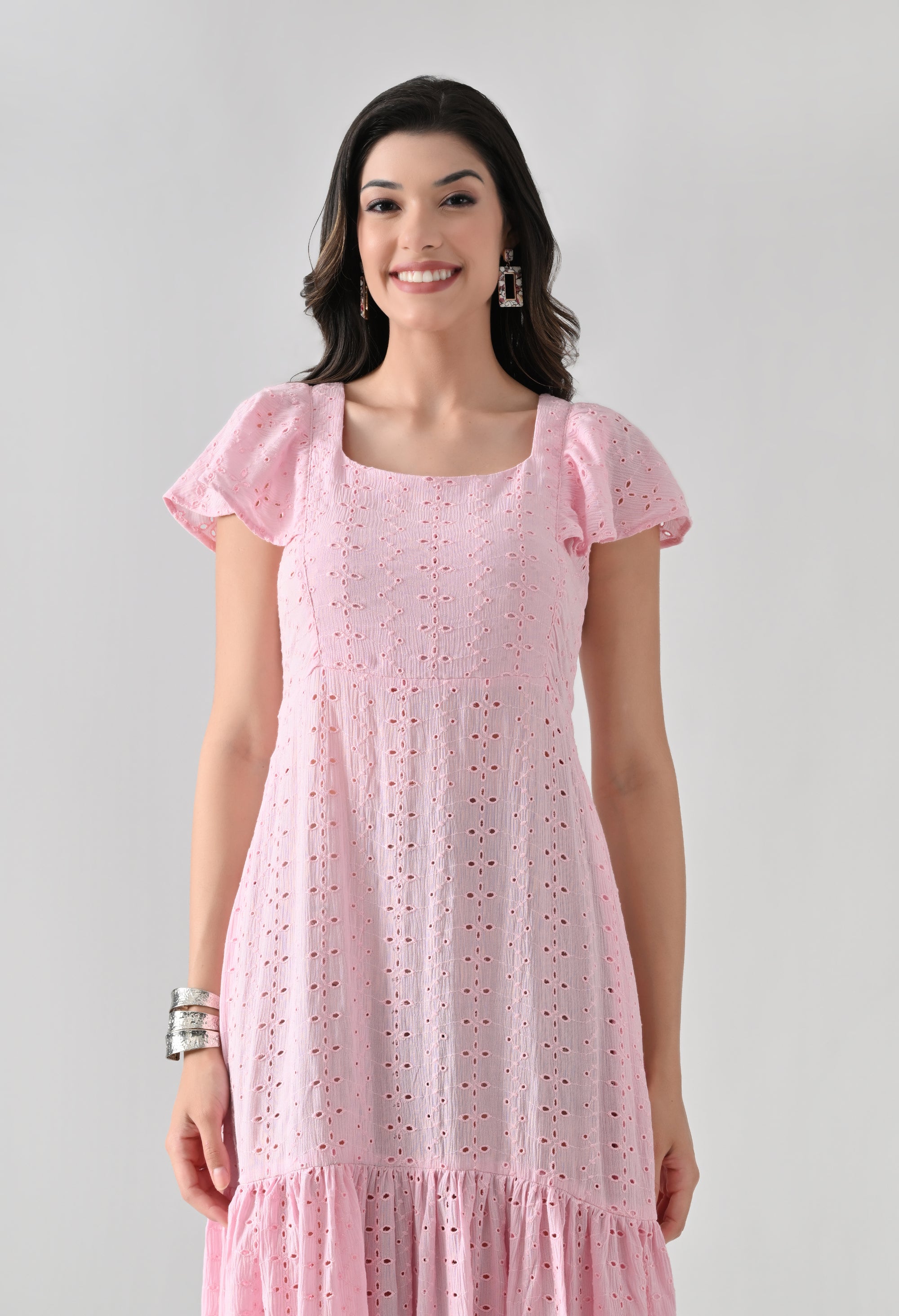 Pink Hakoba Cotton Tiered Midi Dress