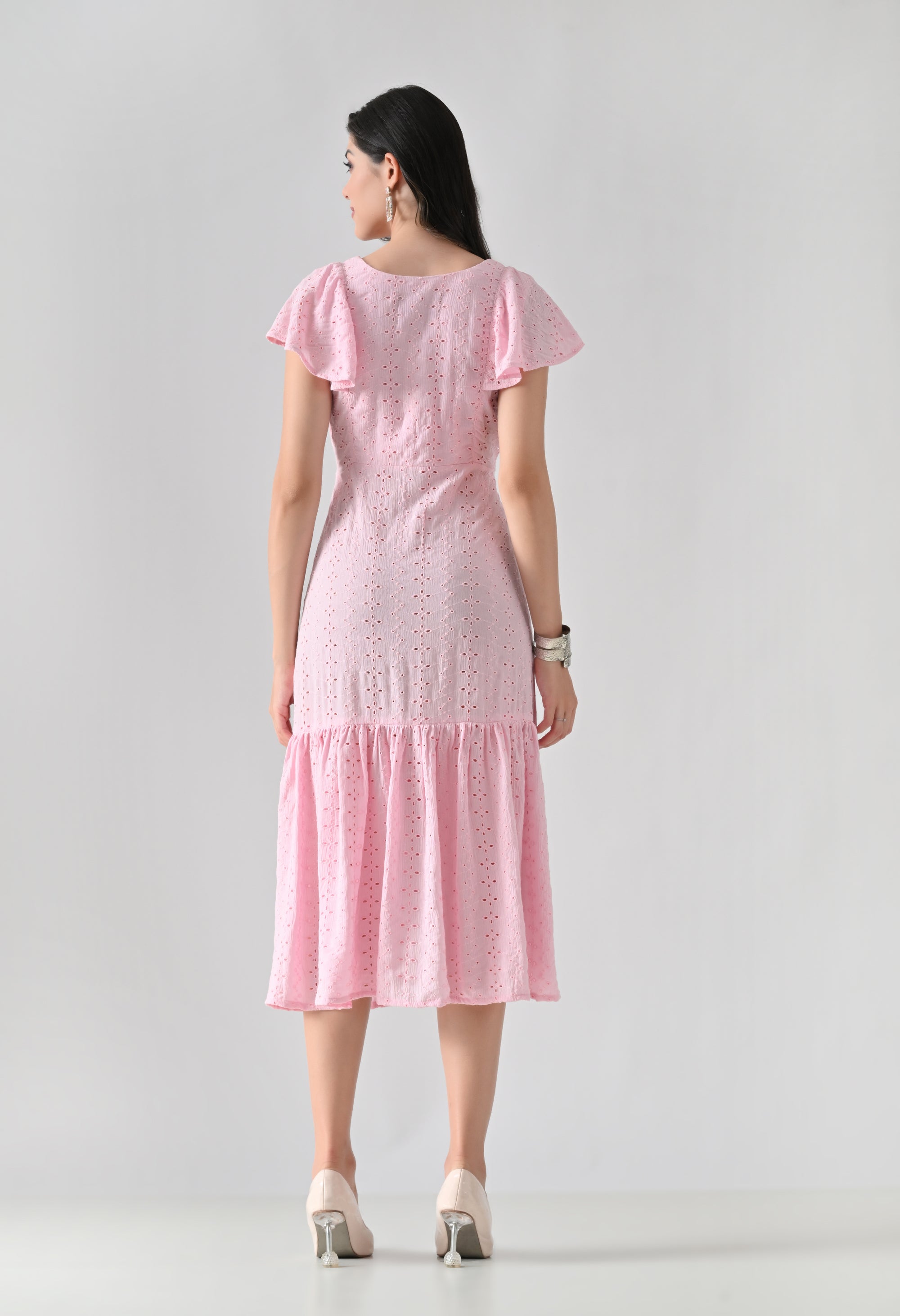 Pink Hakoba Cotton Tiered Midi Dress