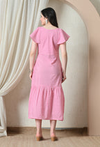 Pink Gingham Flutter Sleeve Midi Dress
