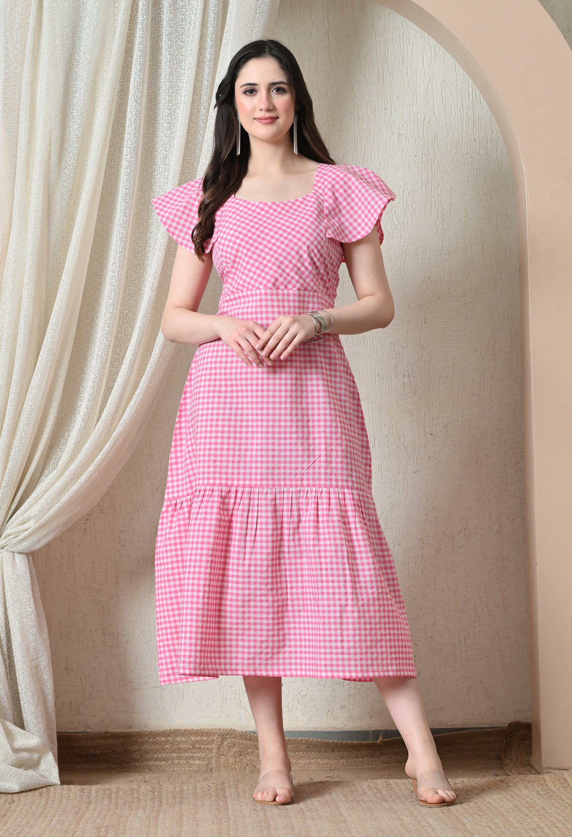Pink Gingham Flutter Sleeve Midi Dress