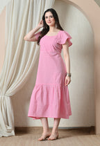 Pink Gingham Flutter Sleeve Midi Dress
