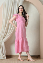Pink Gingham Flutter Sleeve Midi Dress